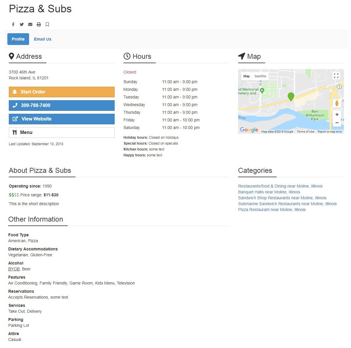 Restaurant Profile Page